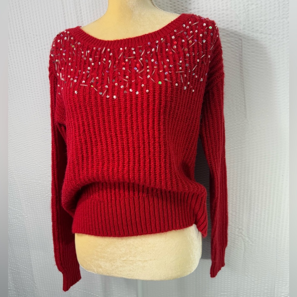 Women’s Red Knit Sequin Valentine’s Day Candies Sz Large Round Neck Swea…